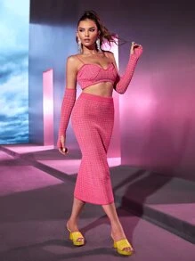 SHEIN BAE 雜色針織短款上衣和袖套 - 玫紅色 - 查看 2