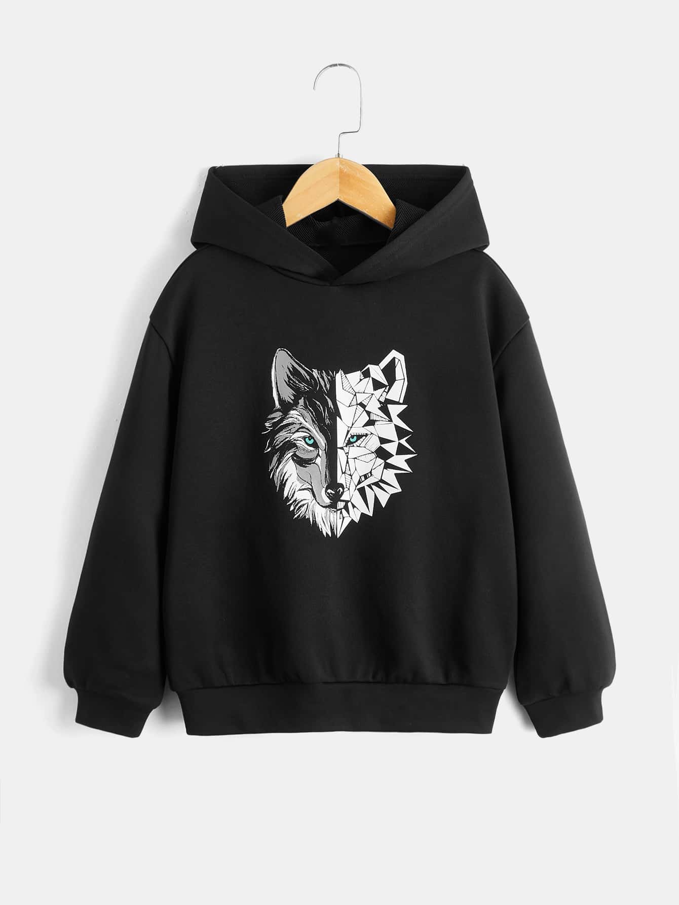 SHEIN Áo nỉ in hình sói dành cho bé trai tuổi teen - màu đen - Xem 1
