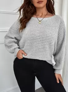 SHEIN LUNE Plus Ribbed Knit Batwing Sleeve Jumper - Light Grey - View 1
