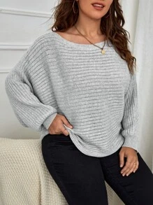 SHEIN LUNE Plus Ribbed Knit Batwing Sleeve Jumper - Light Grey - View 3