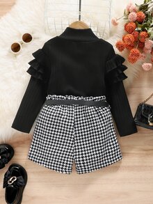 Toddler Girls Ruffle Trim Mock Neck Tee & Houndstooth Print Belted Shorts - Black and White - View 2