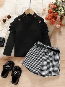 Toddler Girls Ruffle Trim Mock Neck Tee & Houndstooth Print Belted Shorts - Black and White - View 5