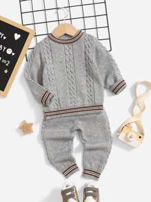 嬰兒條紋飾邊板球毛衣和麻花編織長褲 - 灰色 - 查看 1