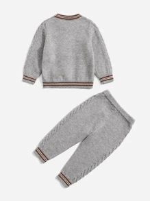 嬰兒條紋飾邊板球毛衣和麻花編織長褲 - 灰色 - 查看 2