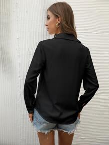 Breezaya Áo sơ mi cài nút đen bóng, đồ dùng thiết yếu đa năng cho ngày tựu trường, áo dài tay - màu đen - Xem 2