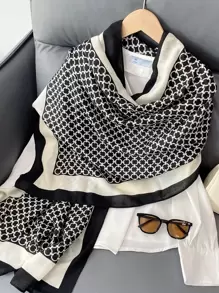 优雅 1 件装 女士时尚黑白链条印花围巾 冬季秋季