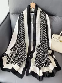 优雅 1 件装 女士时尚黑白链条印花围巾 冬季秋季