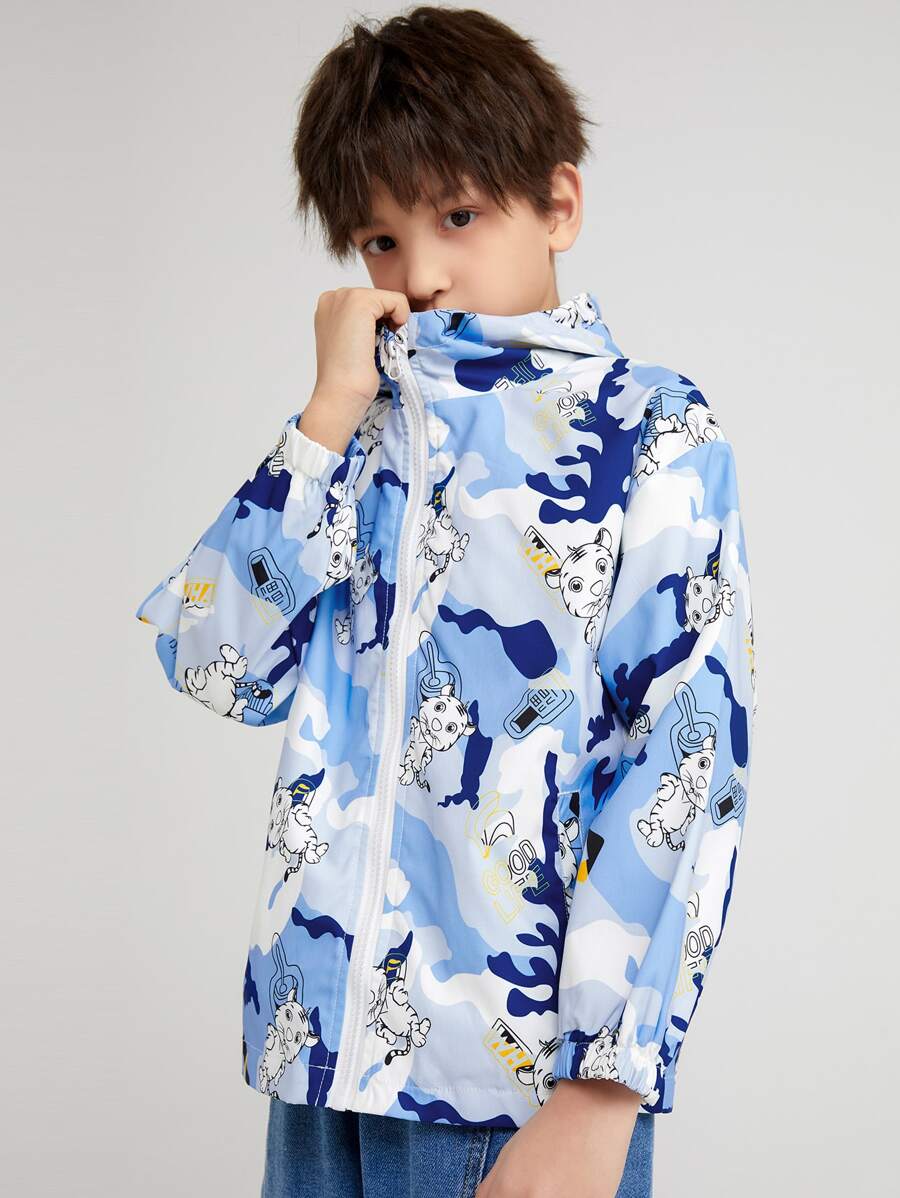 Boys Cartoon & Camo Print Zip Up Hooded Jacket - Multicolor - View 1