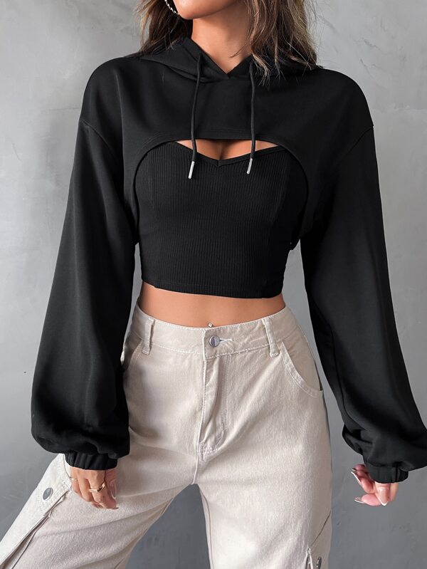 SHEIN EZwear Hanocă cu șnur Super Crop cu umăr căzut, fără camisole, topuri cu mâneci lungi