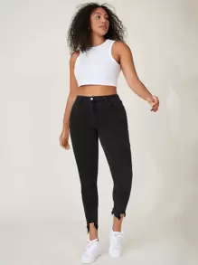 SHEIN Essnce 大碼斜口袋做舊緊身牛仔褲 - 黑色 - 查看 4