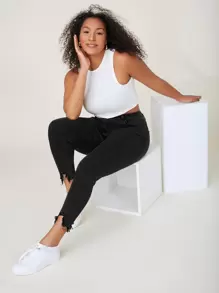 SHEIN Essnce 大碼斜口袋做舊緊身牛仔褲 - 黑色 - 查看 3