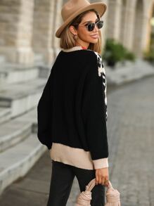 SHEIN LUNE Leopard Pattern Colorblock Drop Shoulder Slit Hem Sweater - Multicolor - View 2
