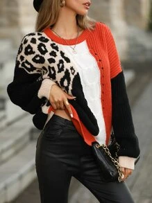 SHEIN LUNE Leopard Pattern Colorblock Drop Shoulder Slit Hem Sweater - Multicolor - View 3