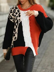 SHEIN LUNE Leopard Pattern Colorblock Drop Shoulder Slit Hem Sweater - Multicolor - View 4