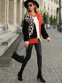 SHEIN LUNE Leopard Pattern Colorblock Drop Shoulder Slit Hem Sweater - Multicolor - View 6