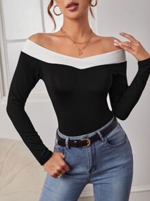 Firerie Contrast Trim Off Shoulder Bodysuit - Black and White - View 7