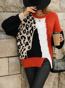 SHEIN LUNE Leopard Pattern Colorblock Drop Shoulder Slit Hem Sweater - Multicolor - View 7