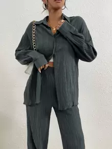 RueChic Drop Shoulder Shirt & Pants Fall Cloth For Women - Dark Grey - View 3