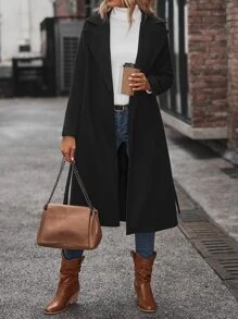 SHEIN Unity Áo khoác ngoài nữ Thắt lưng màu trơn Giải trí - màu đen - Xem 7