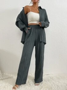 RueChic Drop Shoulder Shirt & Pants Fall Cloth For Women - Dark Grey - View 5