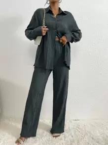 RueChic Drop Shoulder Shirt & Pants Fall Cloth For Women - Dark Grey - View 7