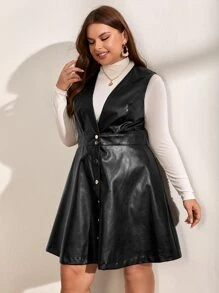 SHEIN Privé Plus Single Breasted PU Leather Dress - Black - View 2