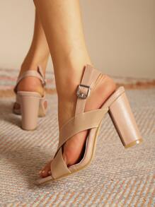 女士交叉帶粗跟露跟優雅夏天高跟涼鞋 - 杏色 - 查看 5
