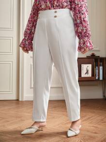SHEIN Frenchy Plus Button Detail High Waist Trousers - White - View 1