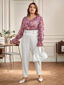 SHEIN Frenchy Plus Button Detail High Waist Trousers - White - View 5