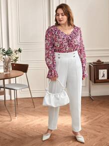 SHEIN Frenchy Plus Button Detail High Waist Trousers - White - View 6