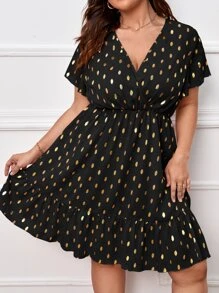 SHEIN Frenchy Vestido con estampado de lunares dorados bajo con fruncido - Negro - Ver 1