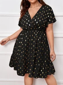 SHEIN Frenchy Vestido con estampado de lunares dorados bajo con fruncido - Negro - Ver 3