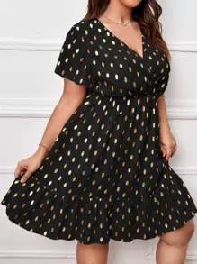 SHEIN Frenchy Vestido con estampado de lunares dorados bajo con fruncido - Negro - Ver 5