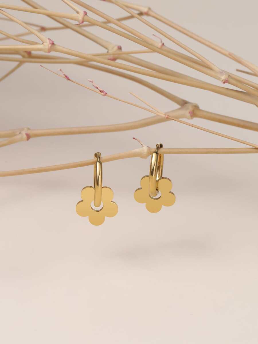 一对时尚简约的花朵造型耳环，采用不锈钢材质，不易褪色，适合日常佩戴。 - 金黃色 - 查看 1