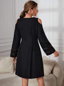 Scallop Trim Cold Shoulder Mesh Insert Tunic Dress - Black - View 2