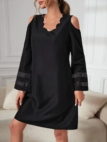 Scallop Trim Cold Shoulder Mesh Insert Tunic Dress - Black - View 3