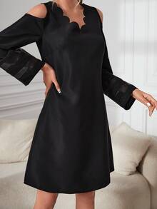 Scallop Trim Cold Shoulder Mesh Insert Tunic Dress - Black - View 4