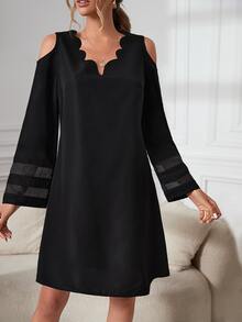 Scallop Trim Cold Shoulder Mesh Insert Tunic Dress - Black - View 5