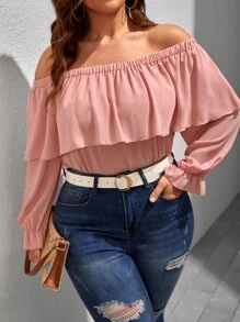 SHEIN LUNE Plus Ruffle Trim Off The Shoulder Blouse - Coral Pink - View 1