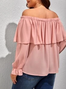 SHEIN LUNE Plus Ruffle Trim Off The Shoulder Blouse - Coral Pink - View 2