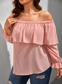 SHEIN LUNE Plus Ruffle Trim Off The Shoulder Blouse - Coral Pink - View 3
