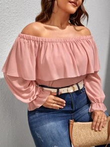 SHEIN LUNE Plus Ruffle Trim Off The Shoulder Blouse - Coral Pink - View 5
