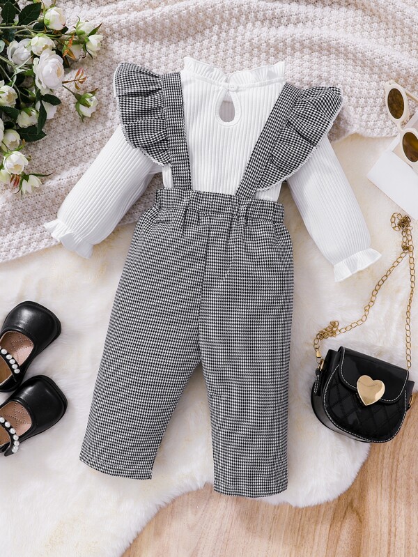 Baby Frill Neck Bodysuit & Houndstooth Ruffle Trim Overalls SHEIN USA