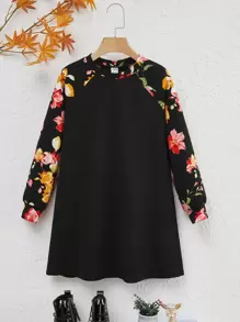 SHEIN Girls Floral Print Raglan Sleeve Dress - Black - View 1