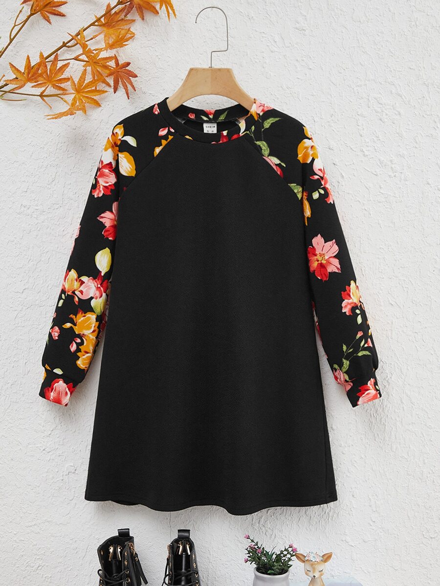 SHEIN Girls Floral Print Raglan Sleeve Dress - Black - View 1