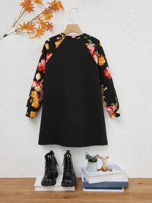 SHEIN Girls Floral Print Raglan Sleeve Dress - Black - View 2