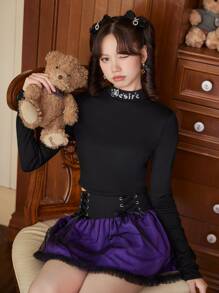 ROMWE Kawaii Letter Embroidery Crop Tee - Black - View 2