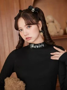 ROMWE Kawaii Letter Embroidery Crop Tee - Black - View 3