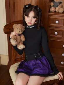 ROMWE Kawaii Letter Embroidery Crop Tee - Black - View 4