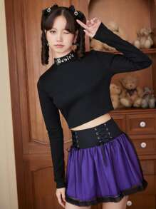 ROMWE Kawaii Letter Embroidery Crop Tee - Black - View 5